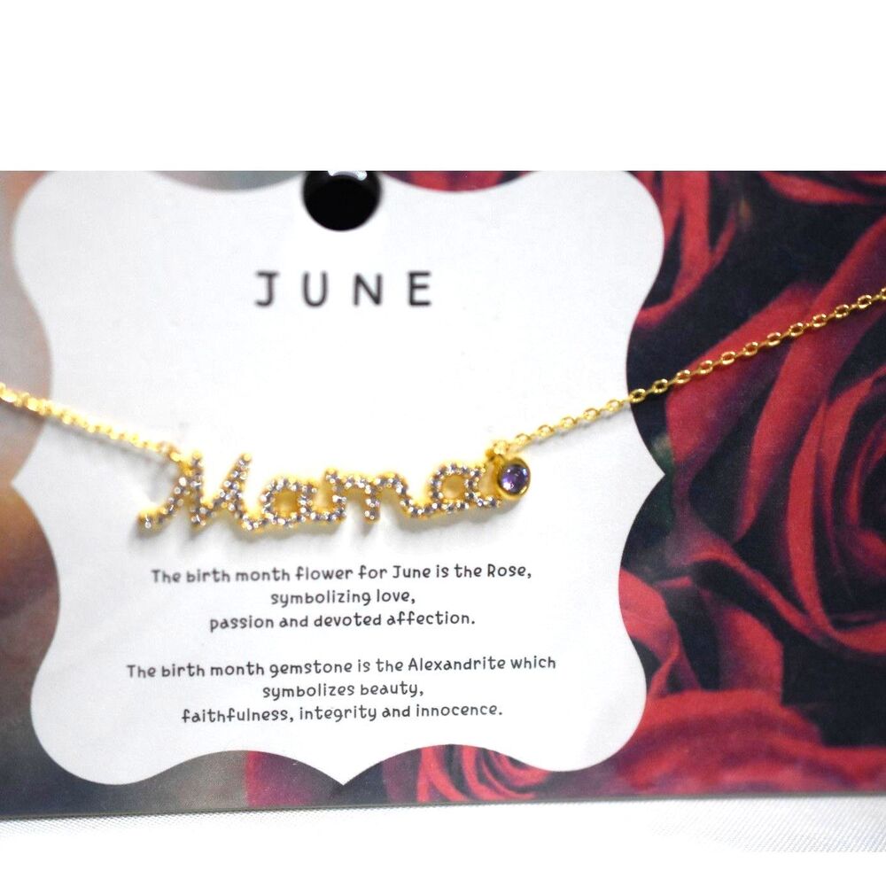 NIP June Gold Tone "Mama" Crystal Accent Birthstone Charm15.5" Necklace